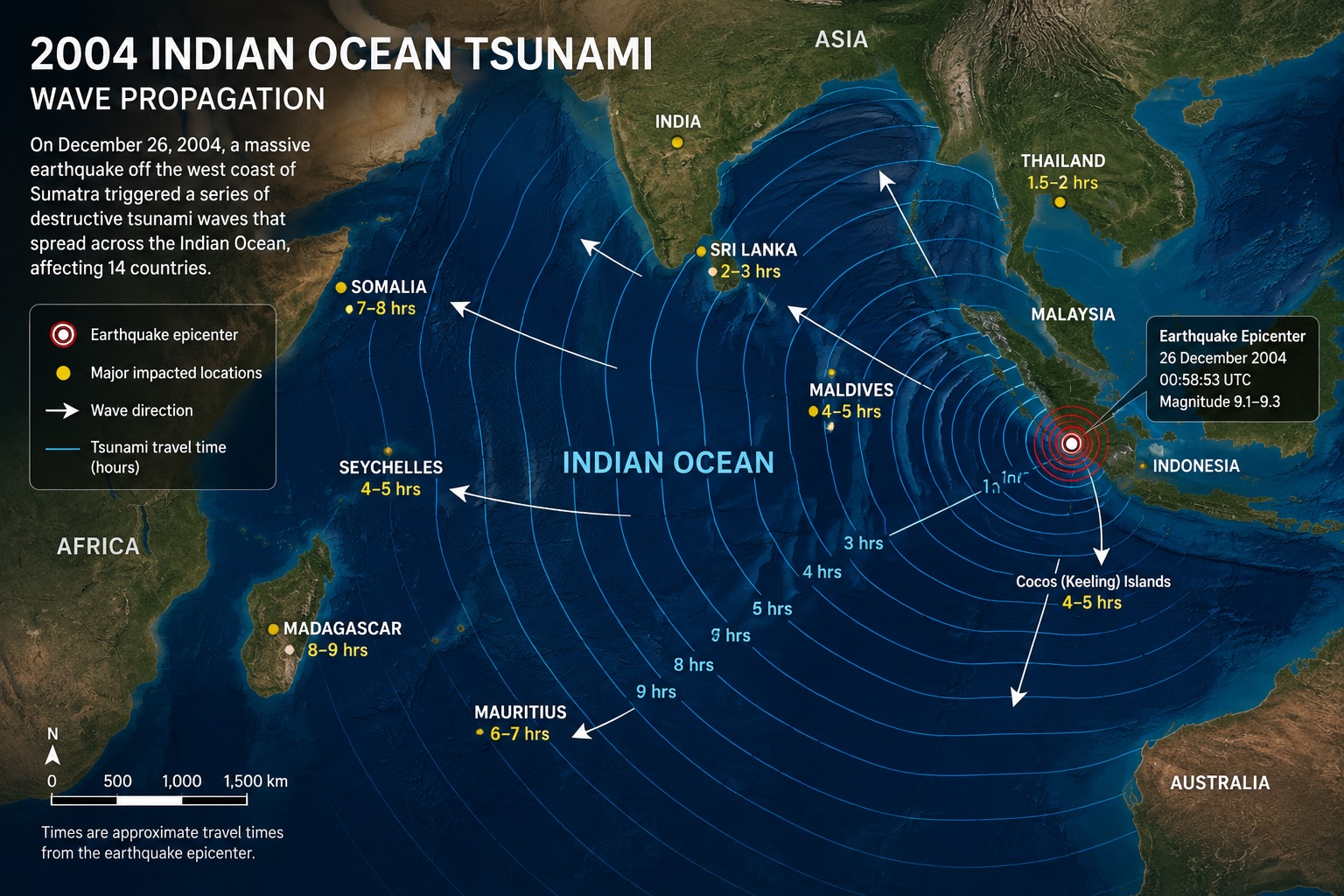 Map of the Indian Ocean showing the propagation of tsunami waves from the 2004 Sumatra earthquake