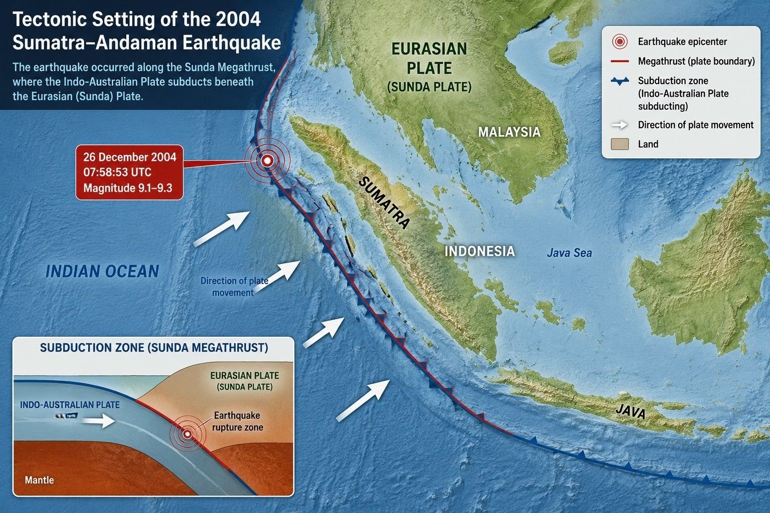 Tectonic plate map showing the subduction zone near Sumatra that caused the 2004 earthquake