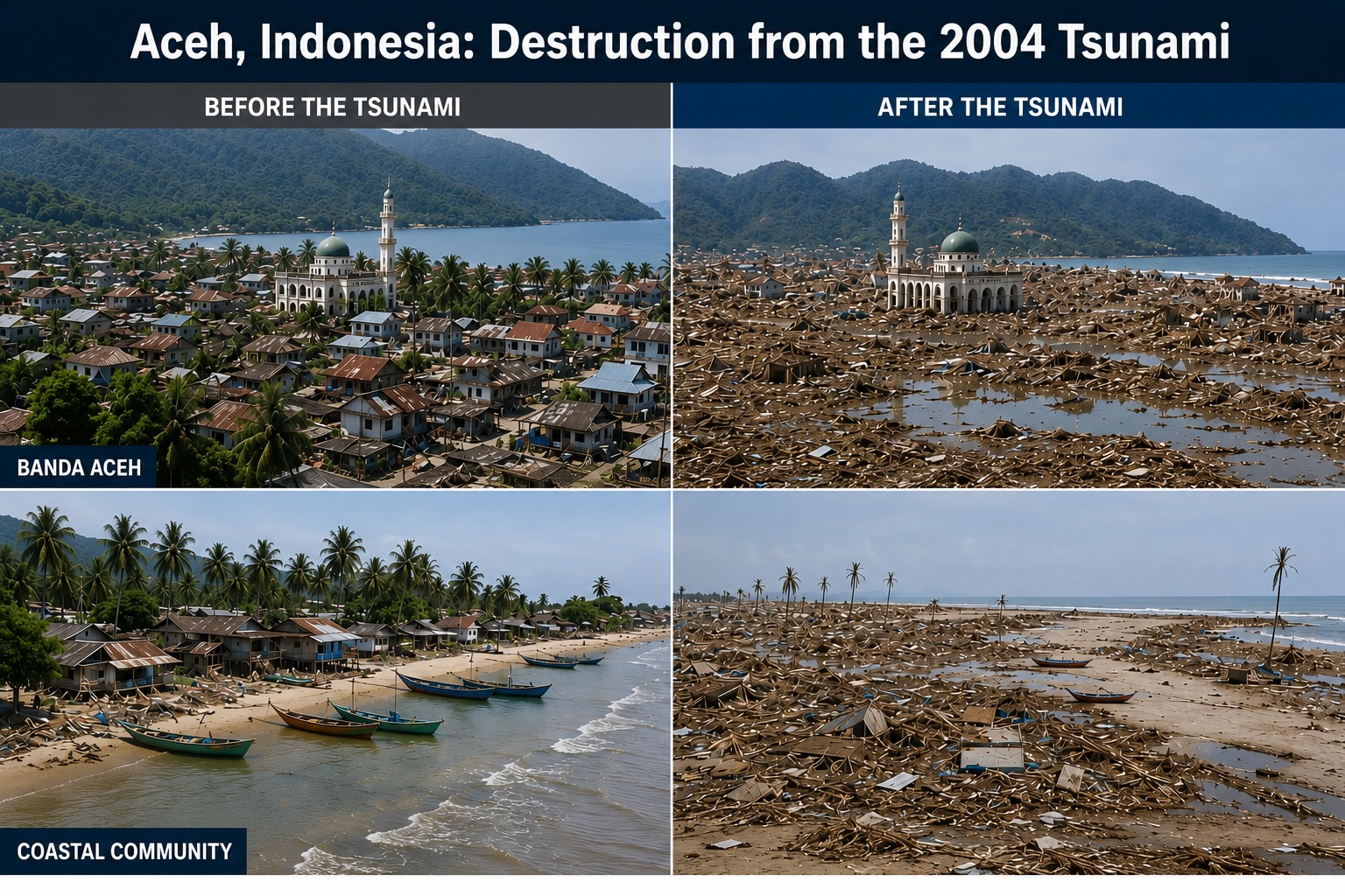 Aerial view of destruction in Aceh, Indonesia, following the 2004 Indian Ocean tsunami