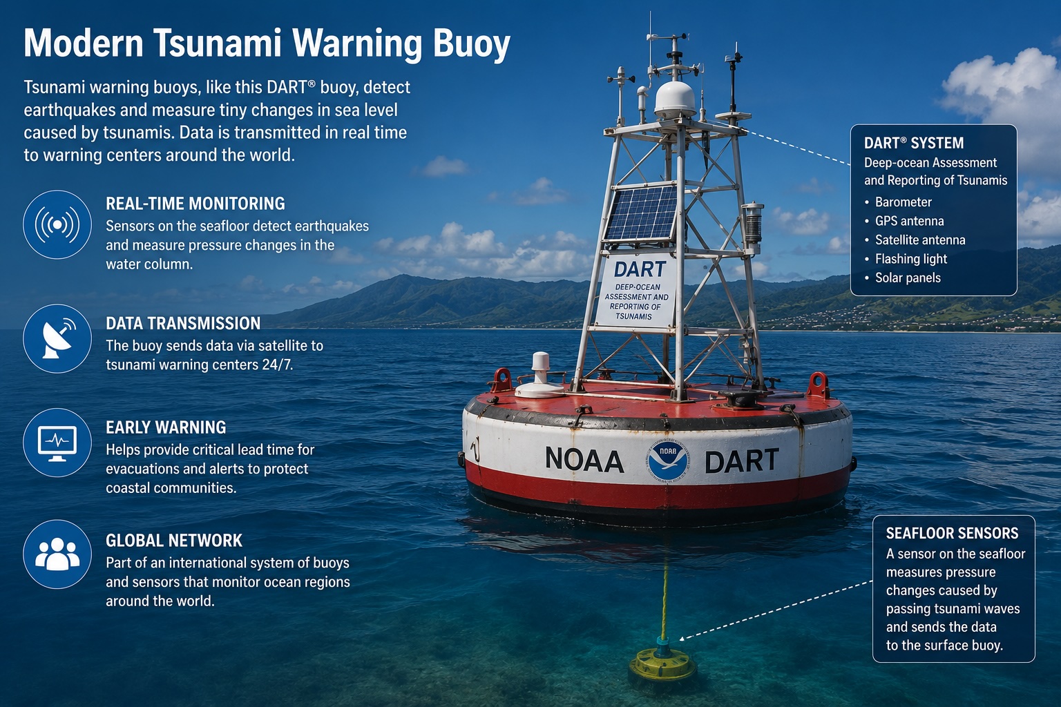 Modern tsunami warning buoy deployed in the ocean as part of the global tsunami warning network
