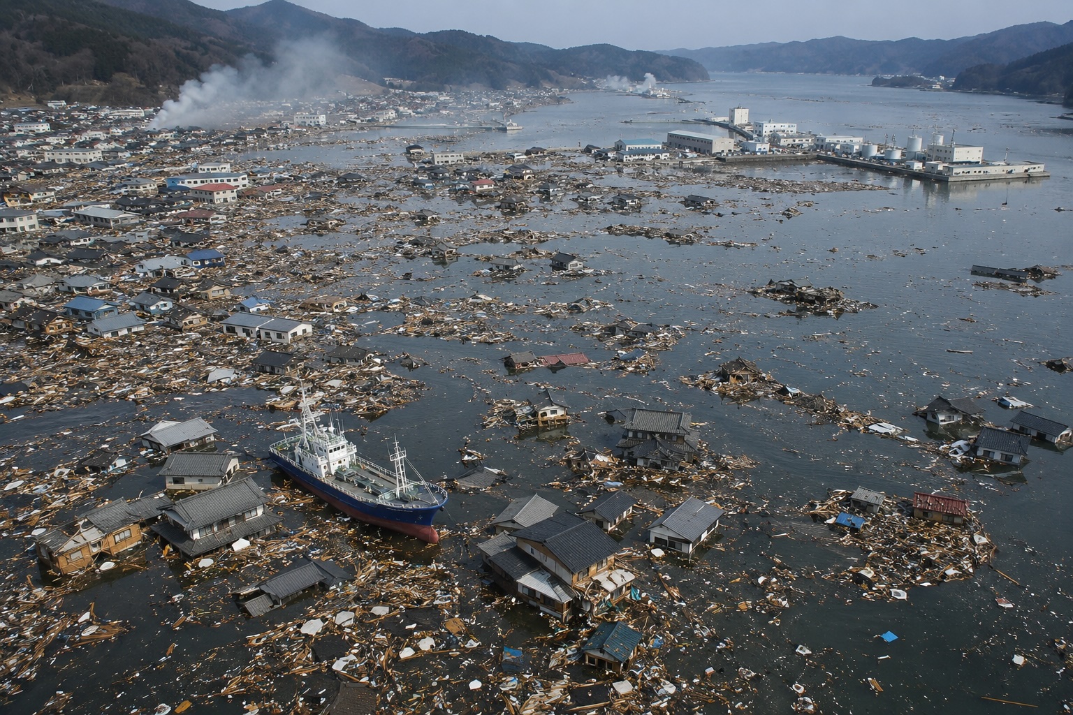 Aerial view of coastal devastation in northeastern Japan following the 2011 tsunami