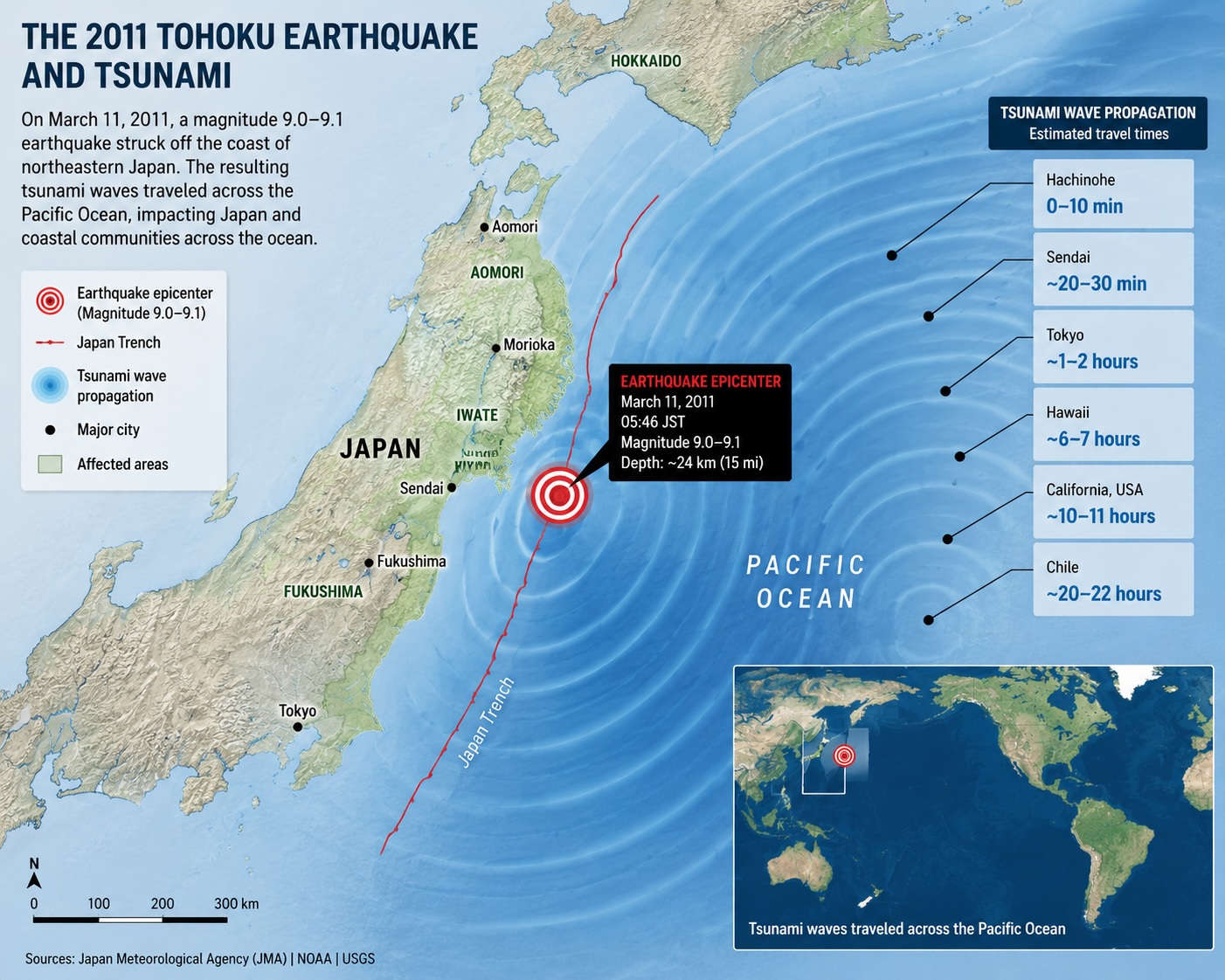 Map showing the earthquake epicentre off the coast of northeastern Japan and the propagation of the 2011 tsunami across the Pacific