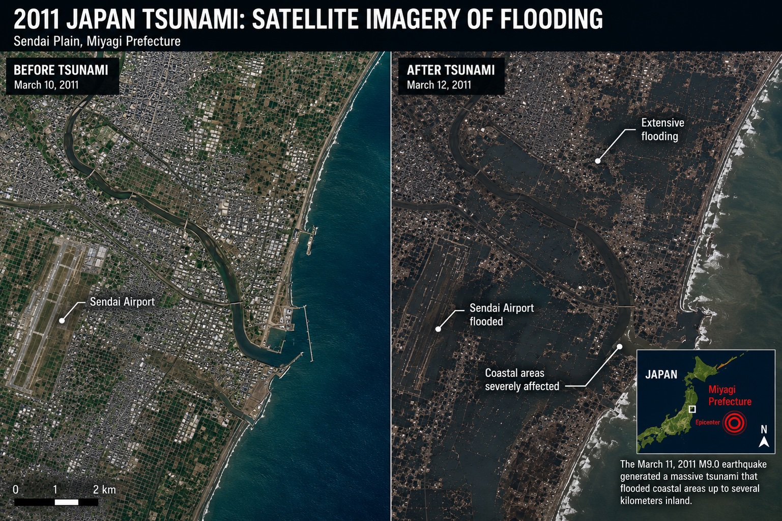 Satellite imagery showing the extent of tsunami flooding across coastal communities in northeastern Japan