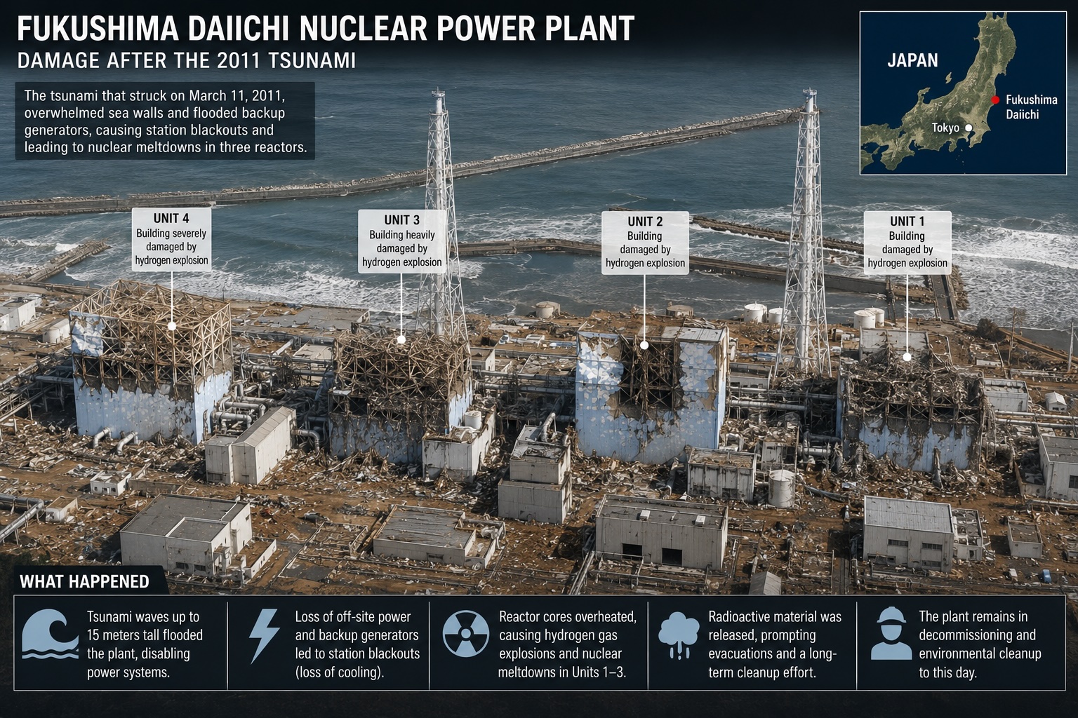 The Fukushima Daiichi Nuclear Power Plant following damage caused by the 2011 tsunami