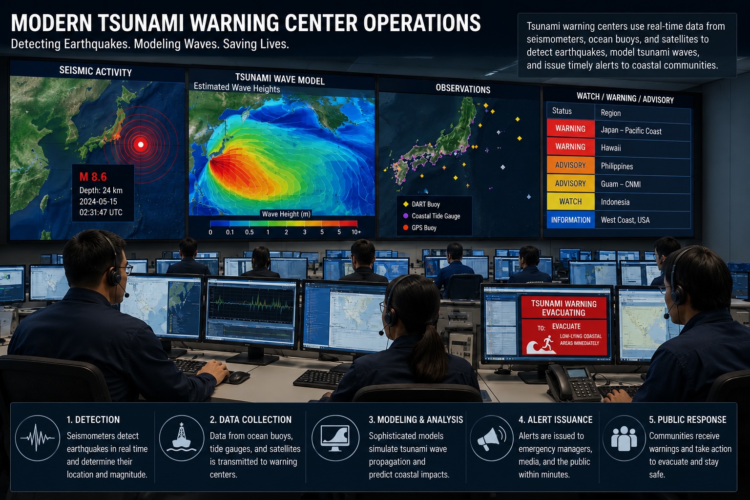 Operators at a modern tsunami warning centre monitoring earthquake and ocean data in real time