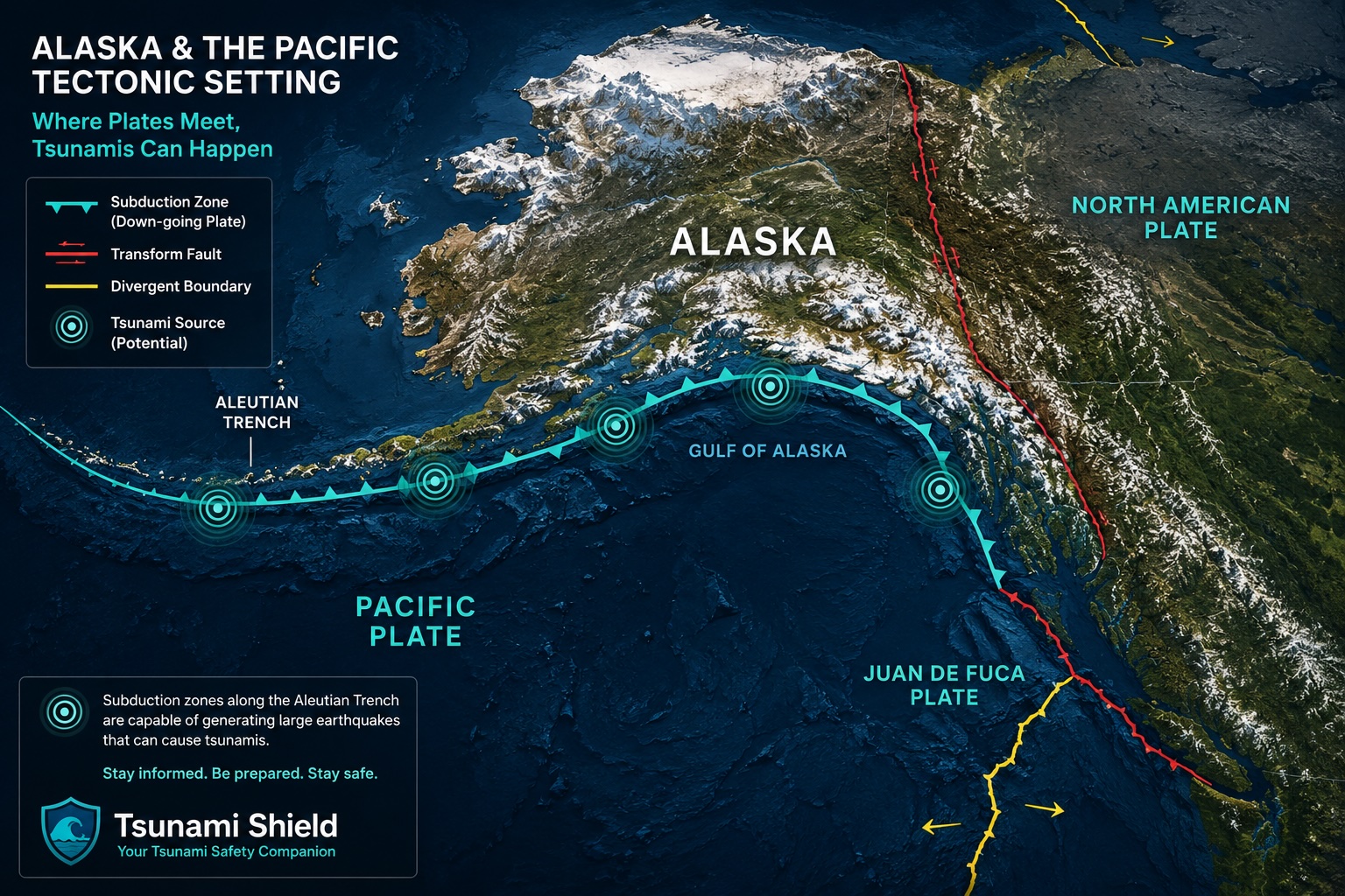 Map of Alaska and the surrounding Pacific tectonic plates showing the subduction zone and Ring of Fire