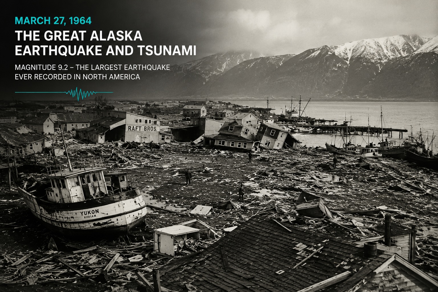 Historic imagery showing damage from the 1964 Alaska earthquake and resulting tsunami