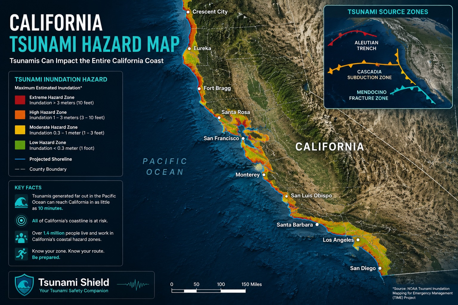 California tsunami hazard map showing inundation zones along the coastline