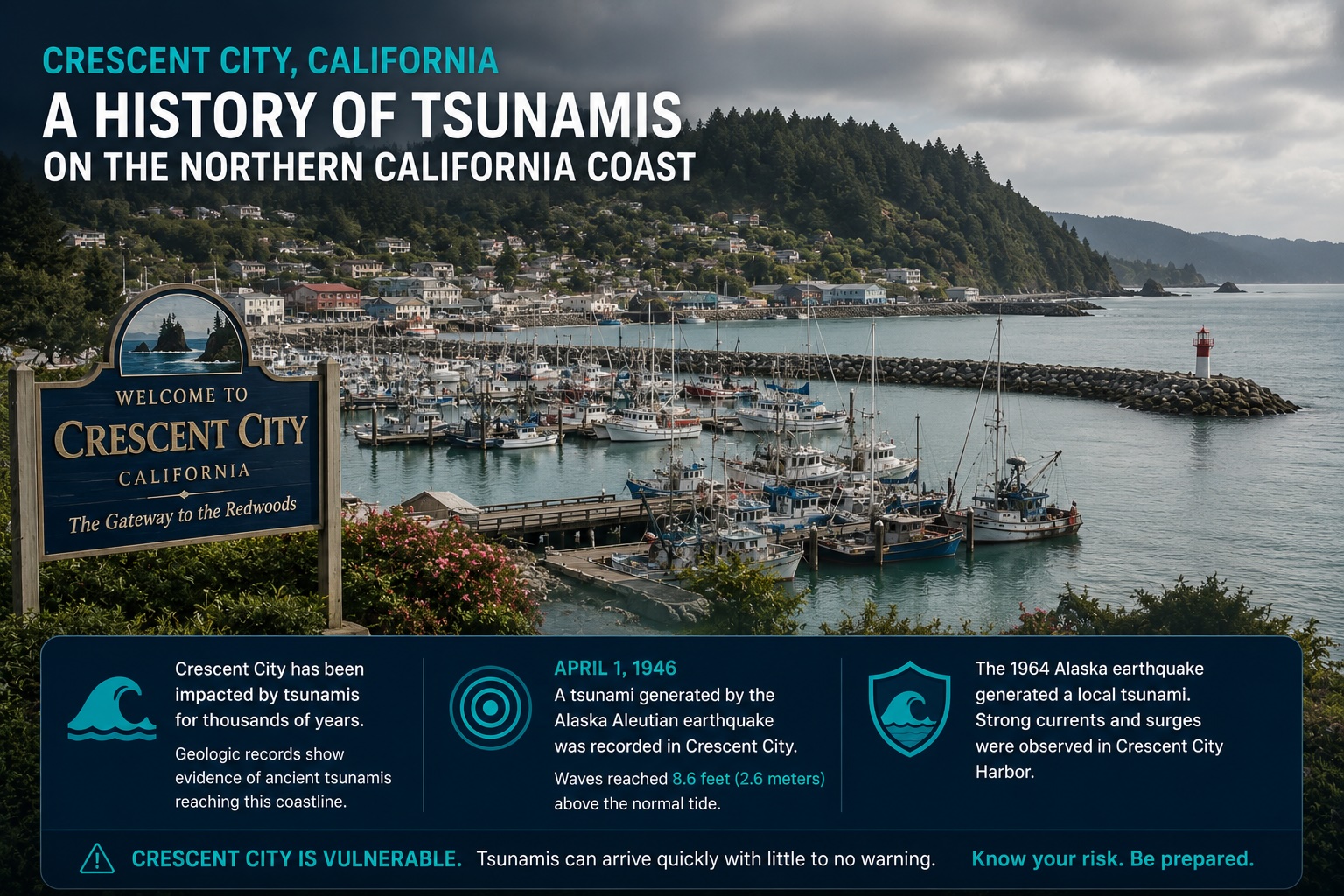 Crescent City harbor in Northern California, a region with significant historical tsunami impacts