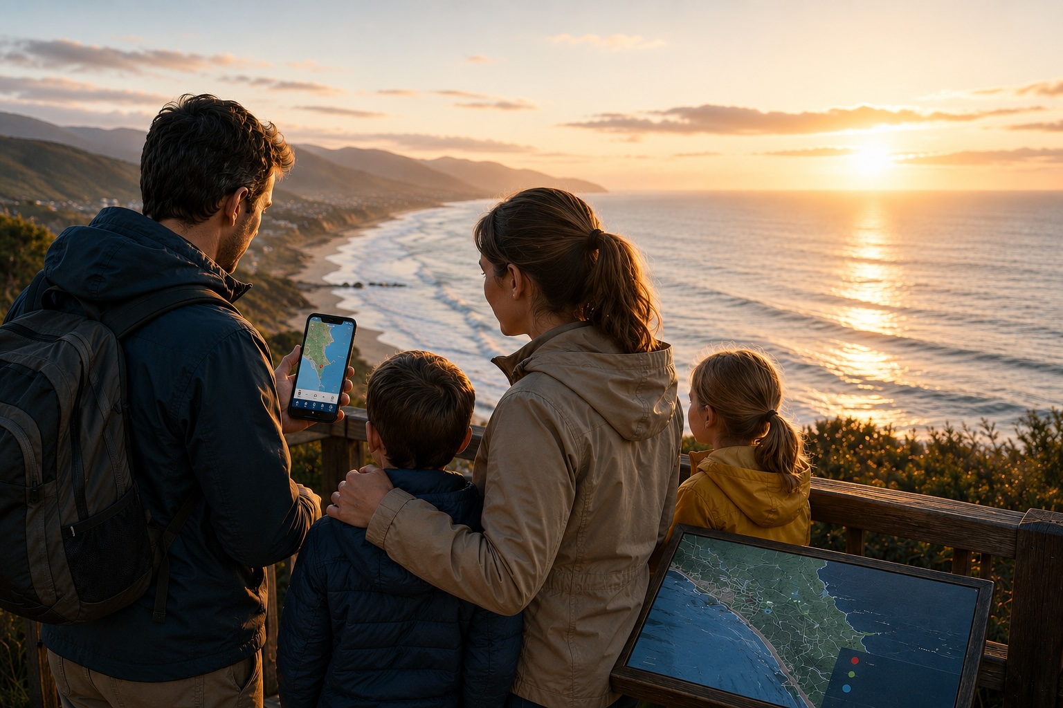 Family on a coastal lookout using a smartphone to access preparedness information at sunrise