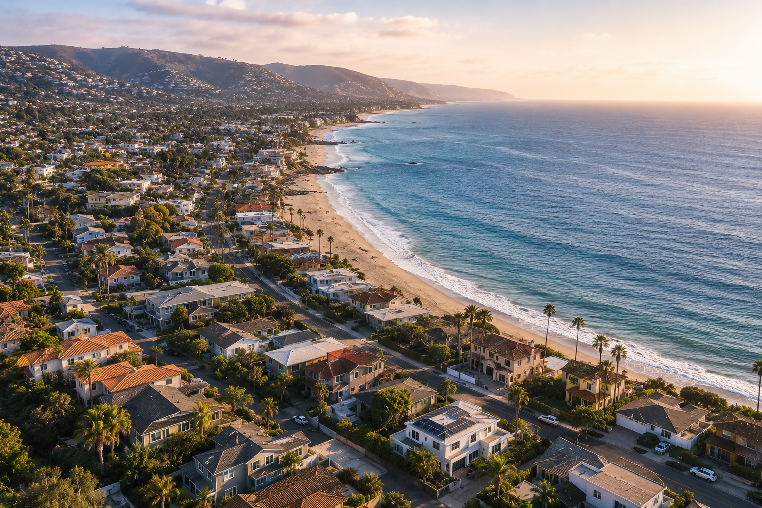 Aerial view of homes and communities situated near the ocean coastline