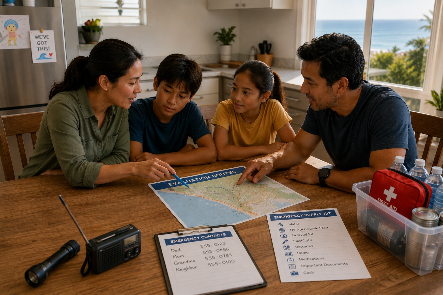 Family discussing emergency plans together around a kitchen table
