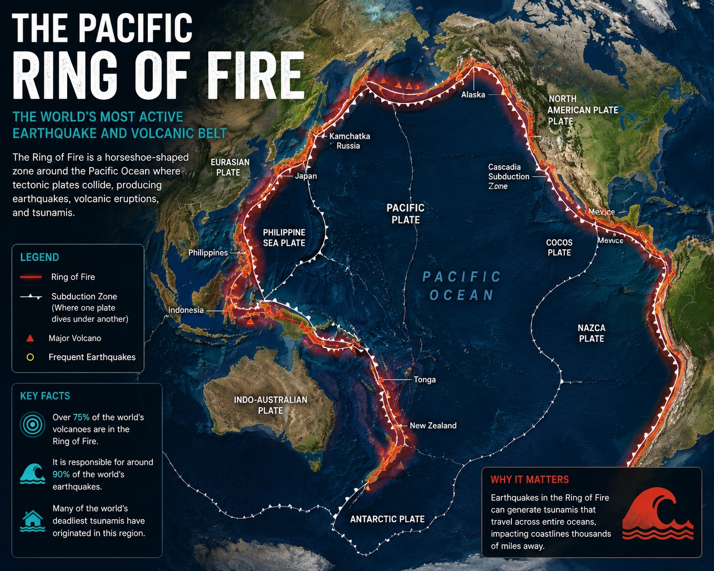 Pacific Ring of Fire map showing how seismic events in one region can generate tsunamis that travel across the entire Pacific Ocean