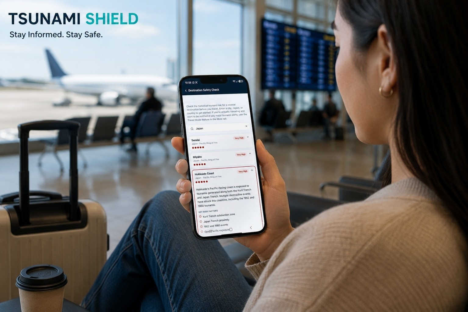 Traveller at an airport checking coastal destination safety information on a smartphone before departure