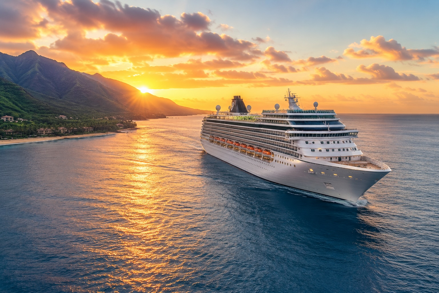Large cruise ship sailing near a tropical coastline at sunrise