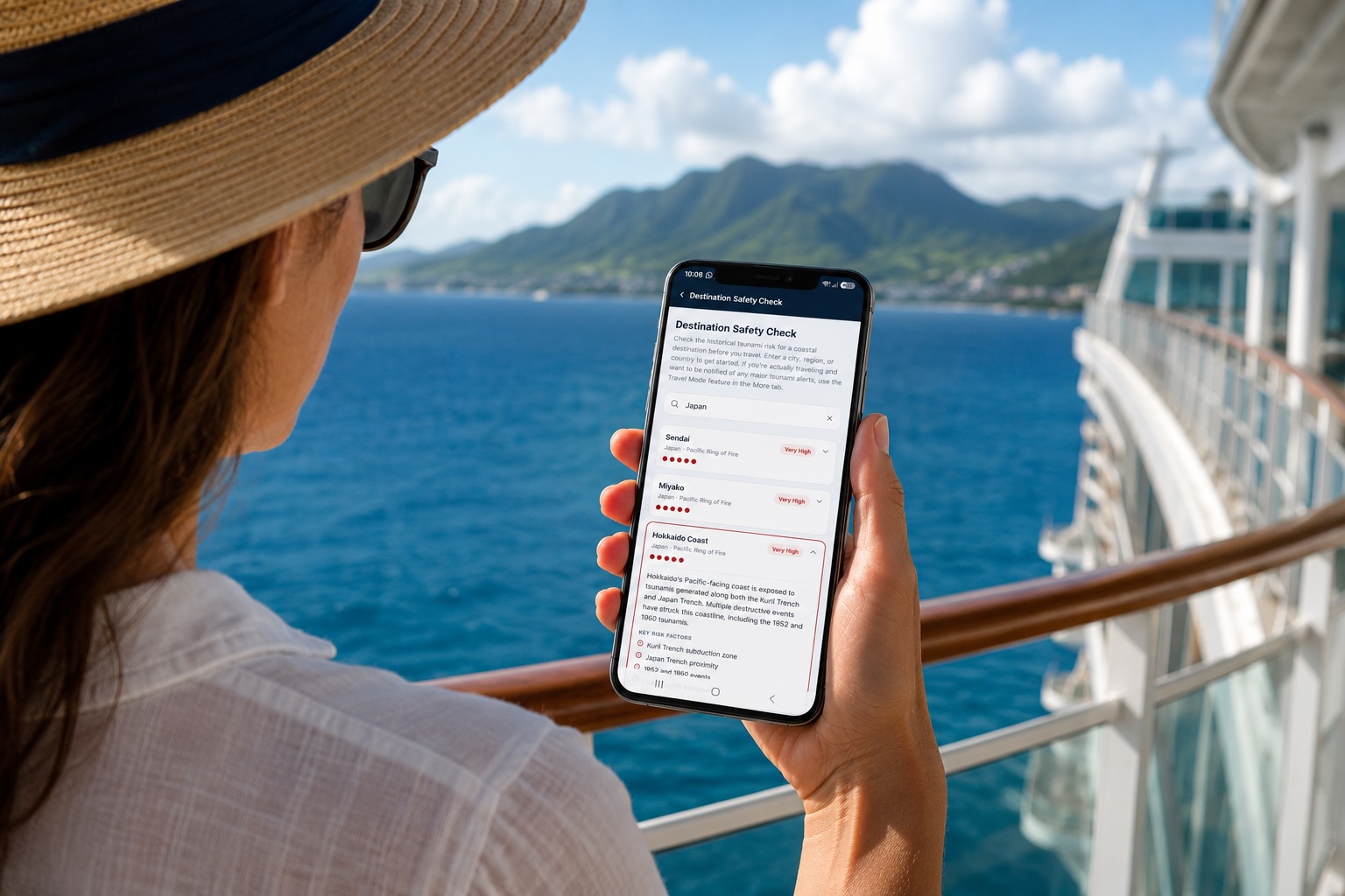Cruise passenger checking emergency information on a smartphone while on a shore excursion
