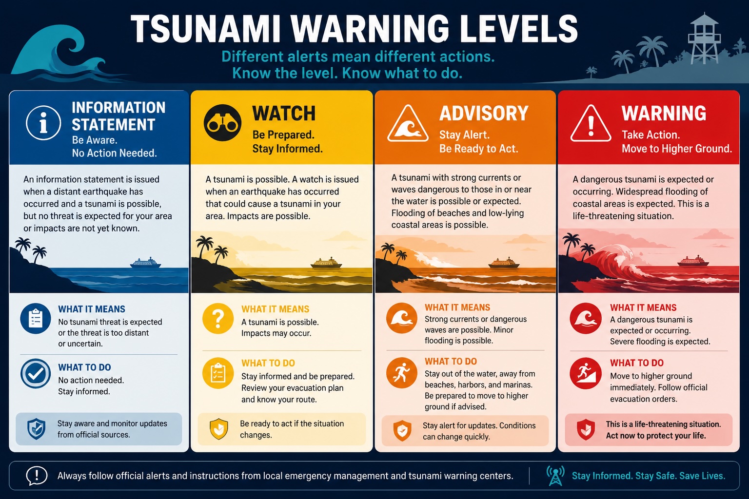 Infographic showing the four levels of tsunami warnings: Information Statement, Watch, Advisory, and Warning