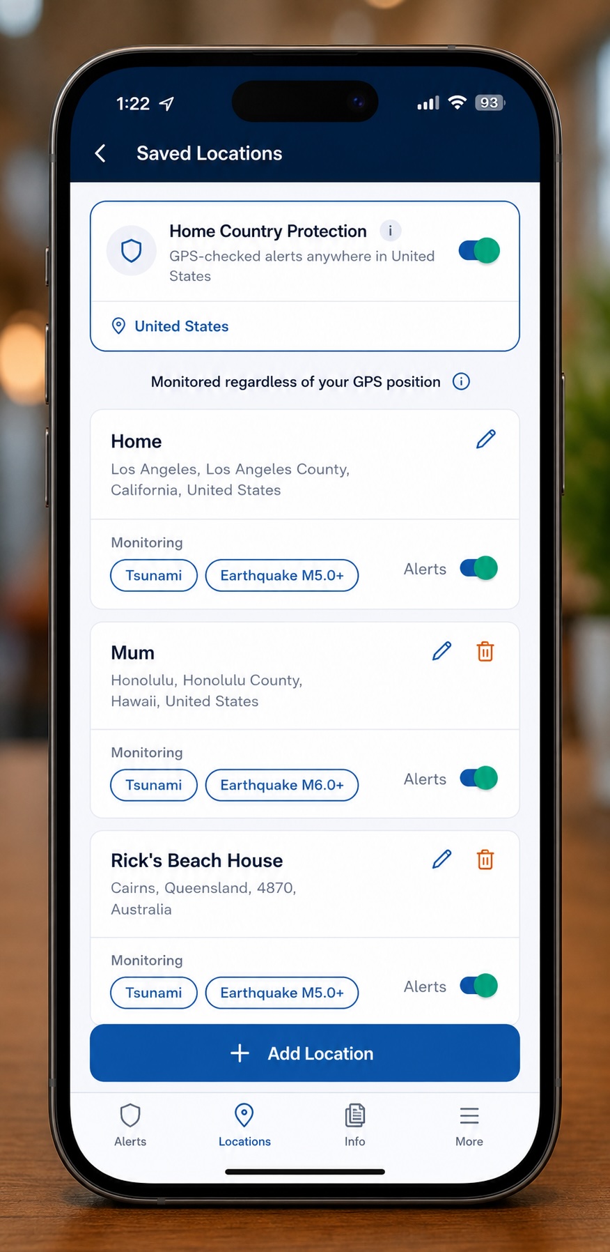 Tsunami Shield app showing saved family & friends locations screen