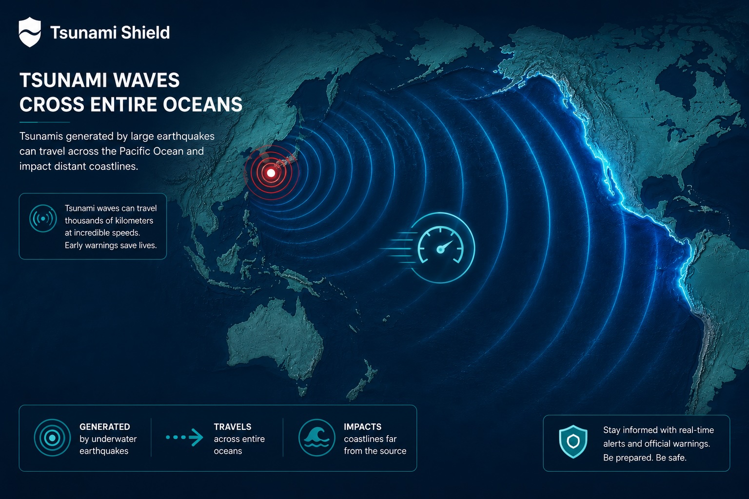 Pacific Ocean tsunami travel map showing example travel paths from Japan earthquake to North America, illustrating why distant tsunamis provide more warning time