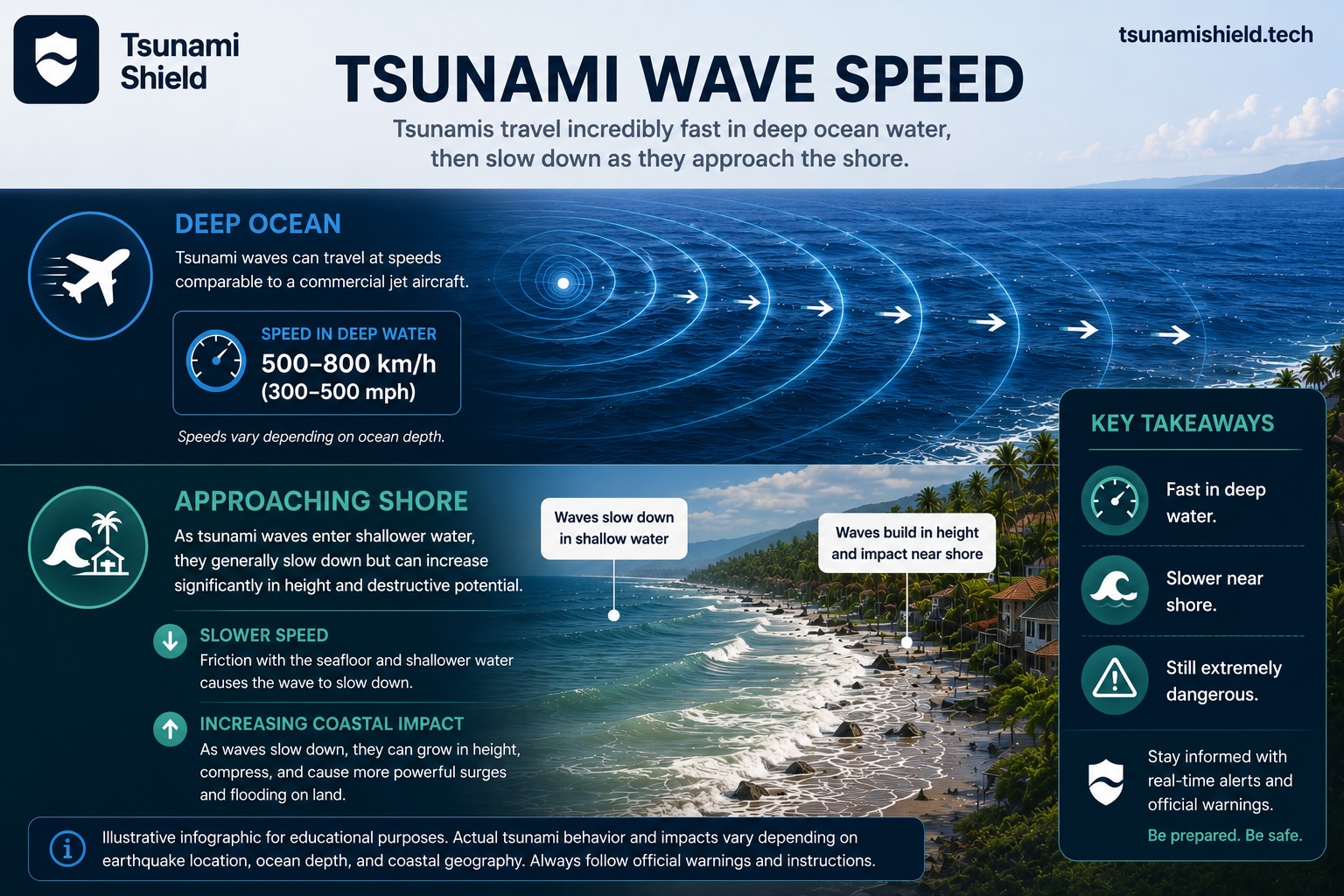Infographic showing tsunami wave speed in deep ocean at approximately jet aircraft speed, slowing as it approaches shore while coastal impact increases
