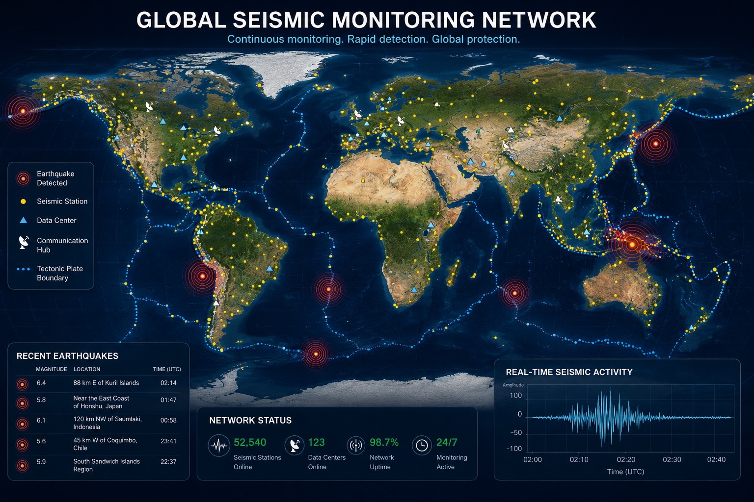 World map showing global seismic monitoring stations and earthquake detection networks
