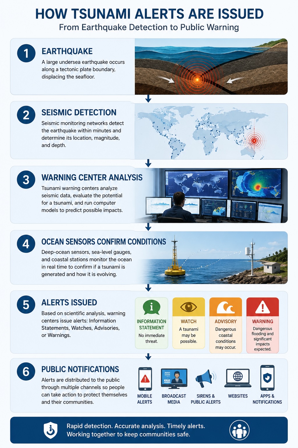 Infographic showing the tsunami alert process: earthquake detection, seismic analysis, warning centre assessment, ocean sensor confirmation, alert issuance, and public notification