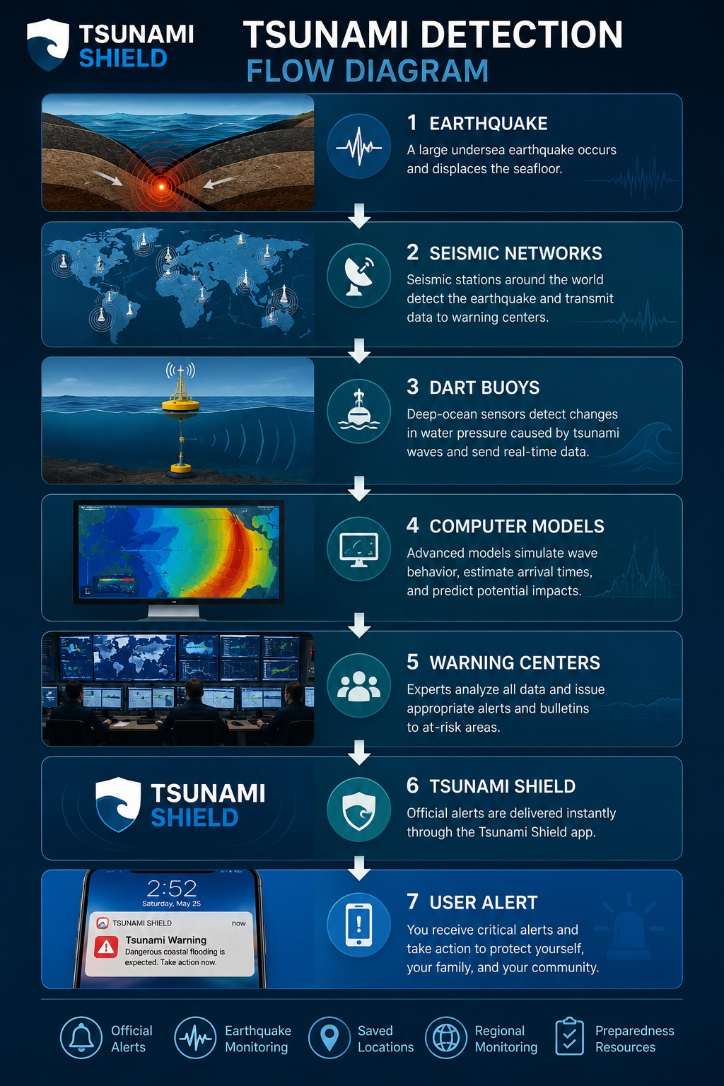 Diagram showing the tsunami detection and warning flow from earthquake through seismic networks, DART buoys, computer models, and warning centres to public alerts