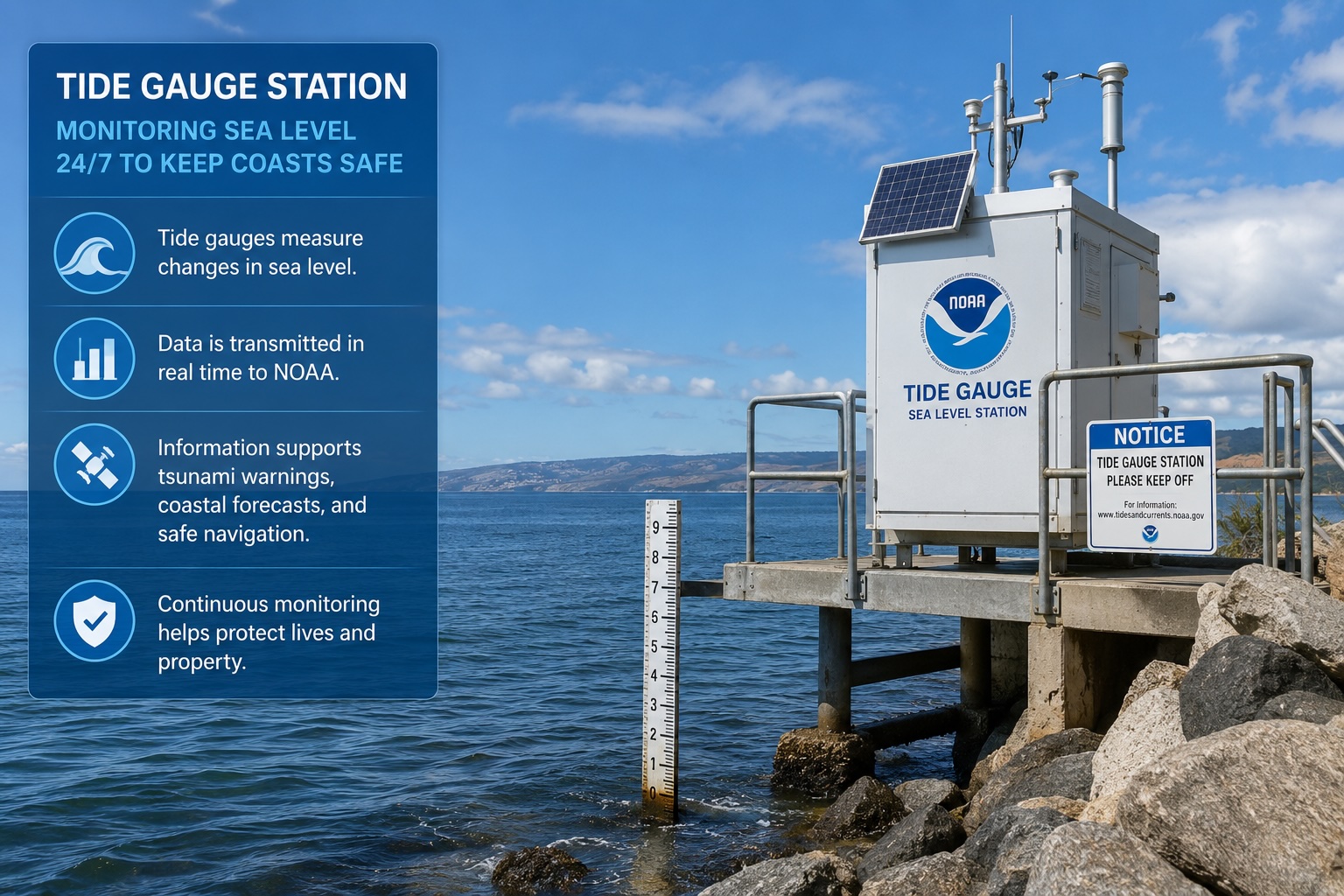 Coastal tide gauge monitoring station used to detect sea level changes during tsunami events