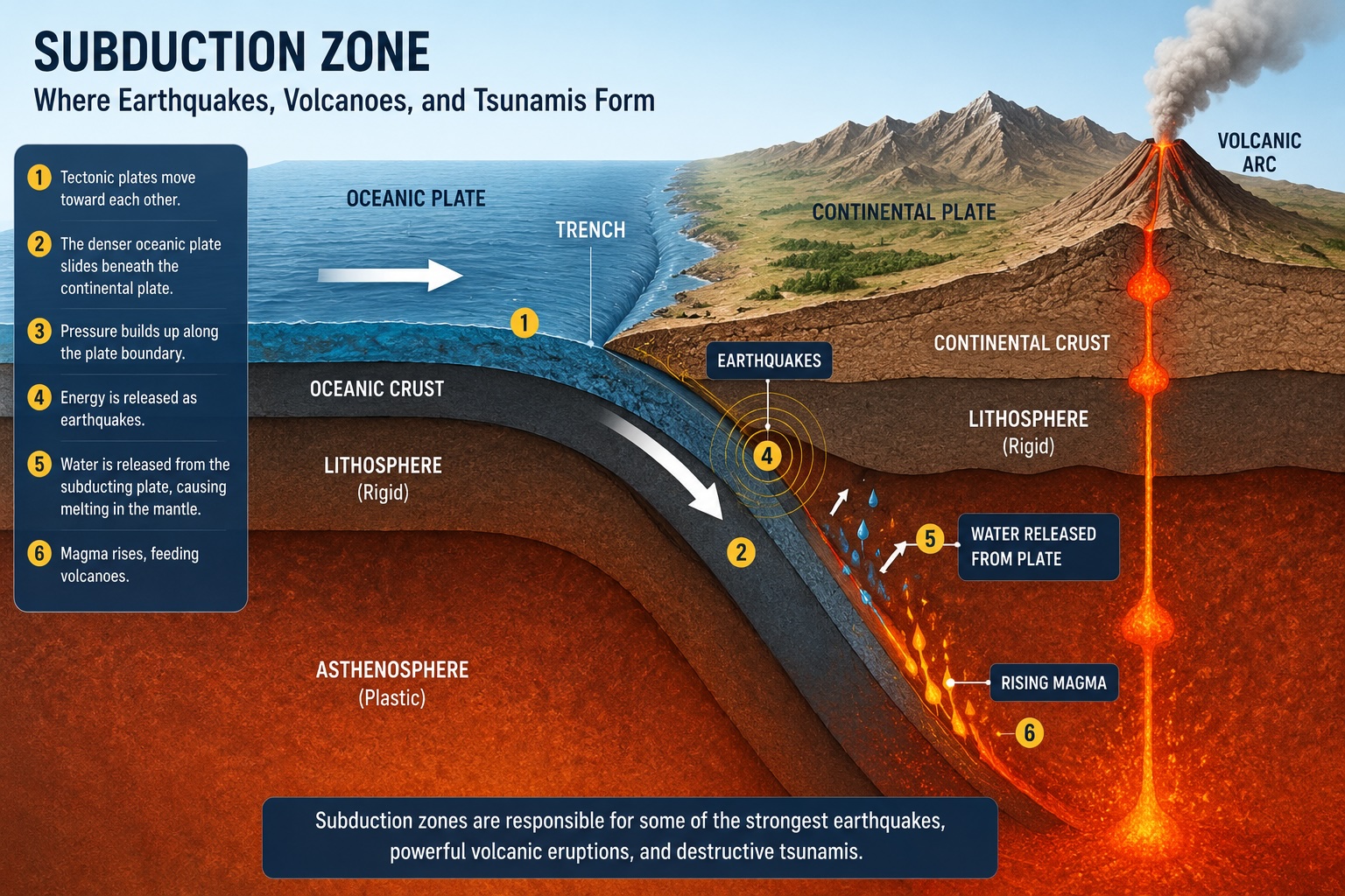 Cross-section diagram showing one tectonic plate subducting beneath another at a subduction zone