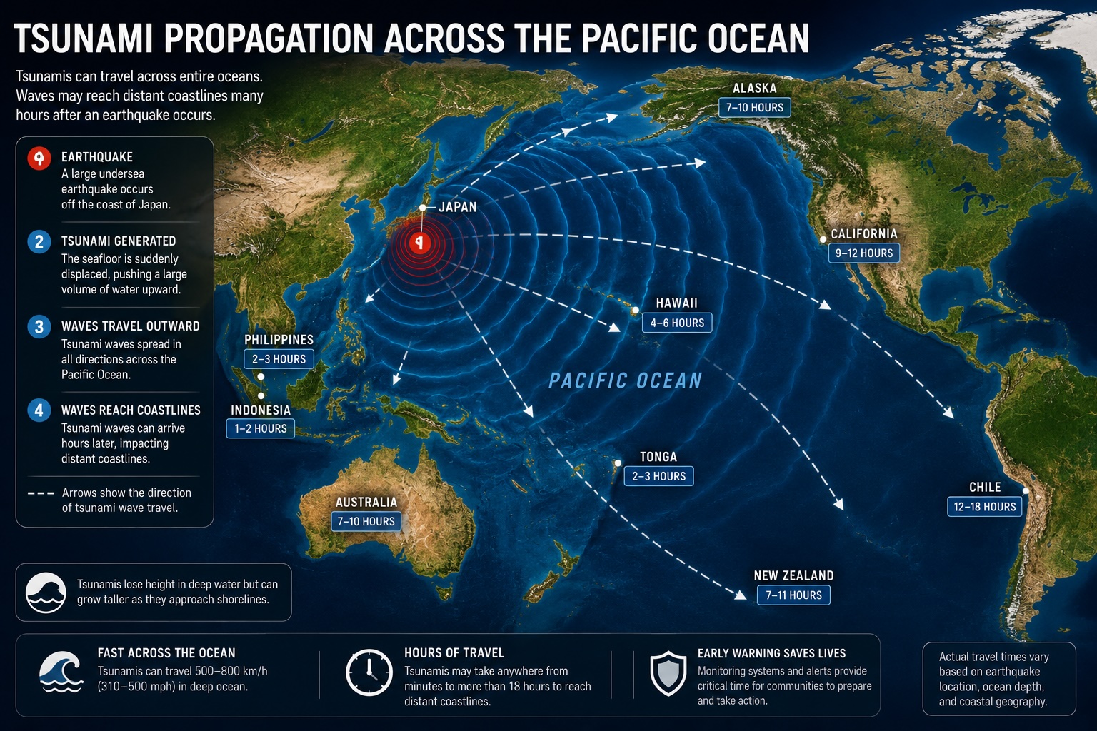 Map showing how a Pacific tsunami propagates outward from its source, potentially reaching coastlines thousands of kilometres away