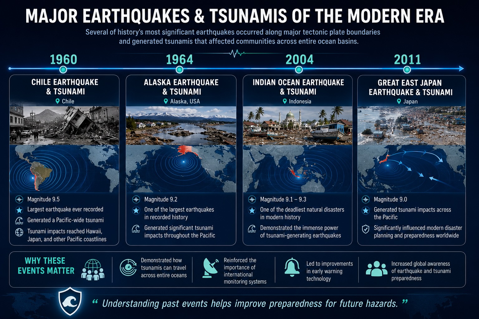 Historical timeline showing major Ring of Fire earthquake and tsunami events including 1960 Chile, 1964 Alaska, 2004 Indian Ocean, and 2011 Japan