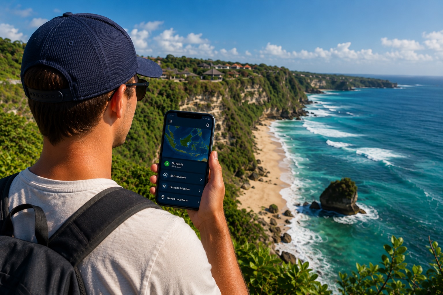 Traveler standing on a cliff overlooking Bali's coastline while viewing a smartphone displaying maps and travel information