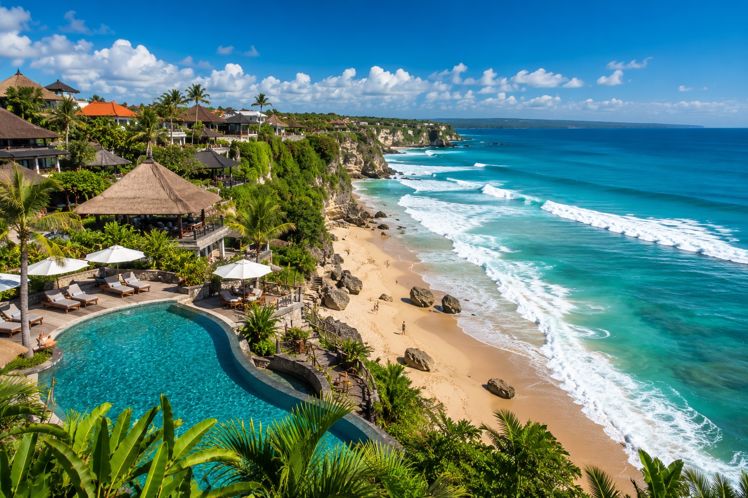 Beautiful coastal resort area in Bali with beach and ocean views