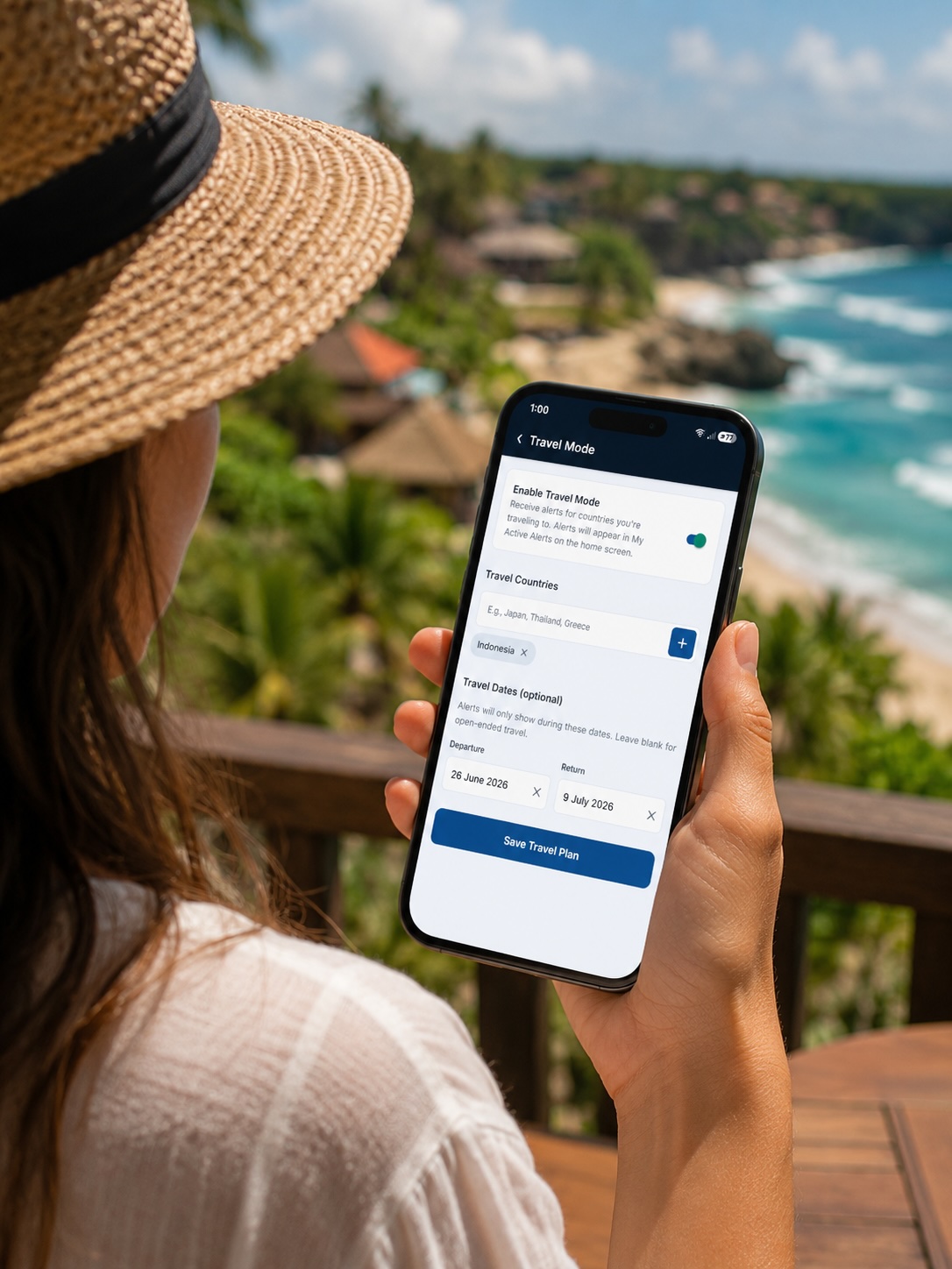 Tsunami Shield app screen showing saved country in Travel Mode settings