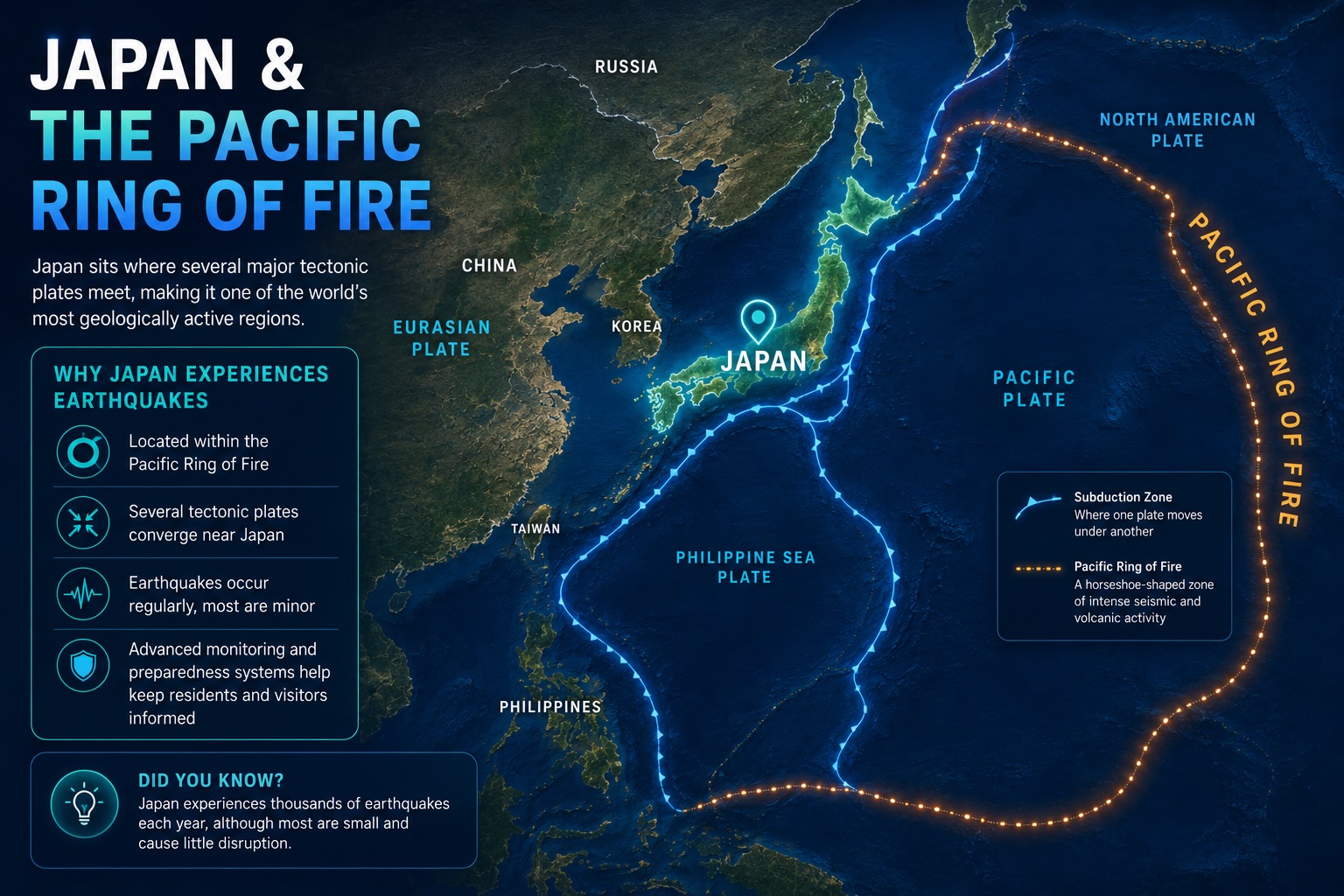 Map showing Japan and the Pacific Ring of Fire tectonic plate boundaries