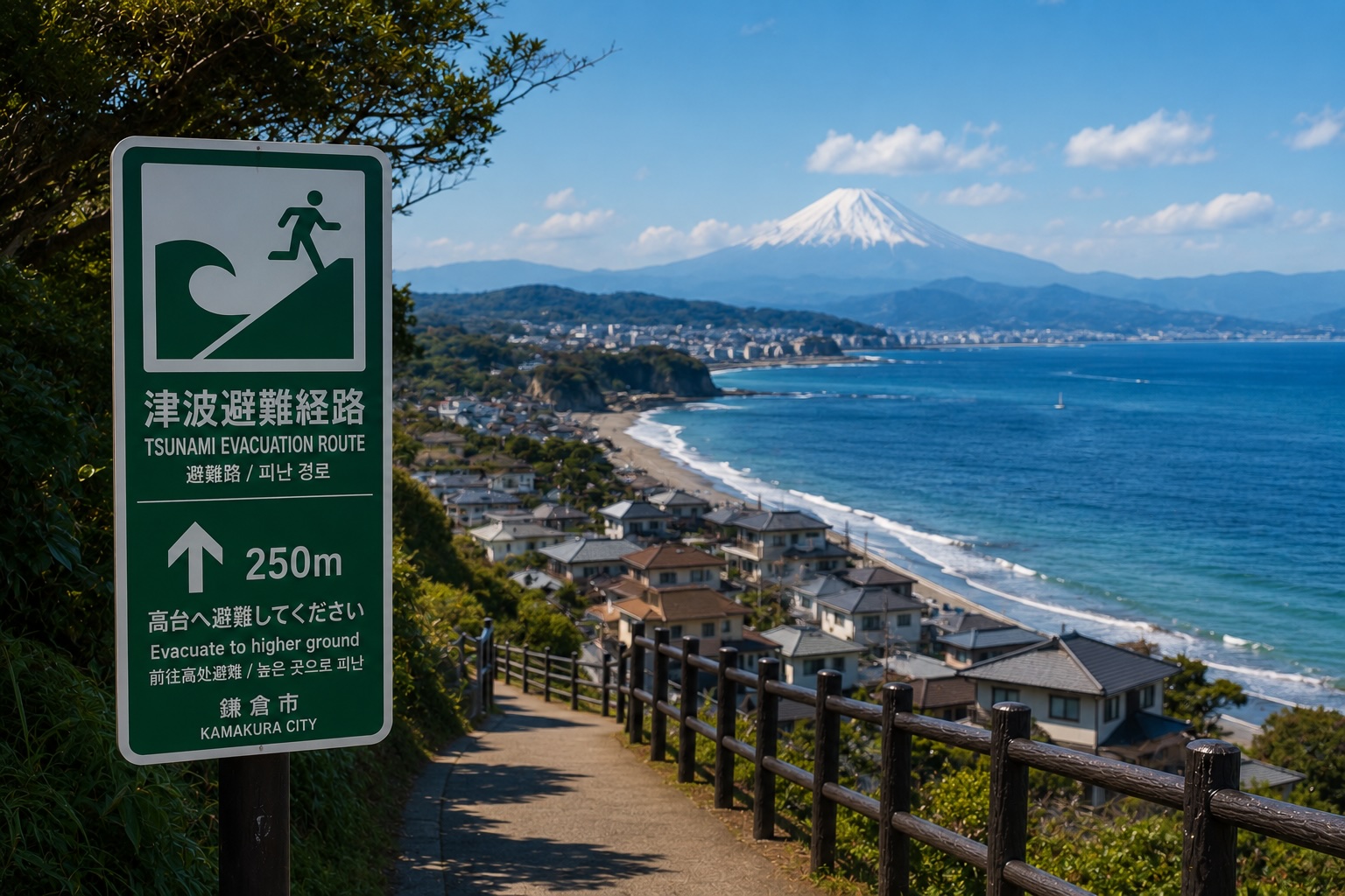 Tsunami evacuation route sign posted in Japan
