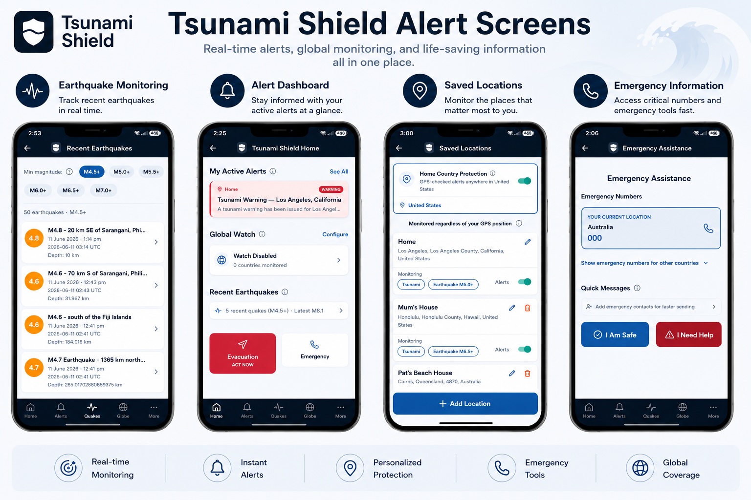 Tsunami Shield app showing Earthquake Monitoring, Alerts, Saved Locations and Emergency Information screens