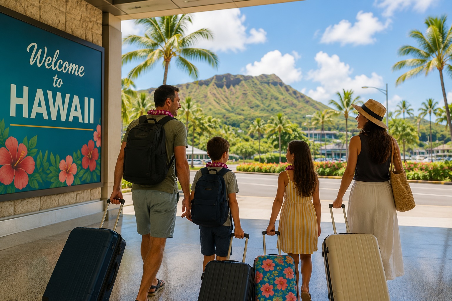 Family arriving in Hawaii with luggage