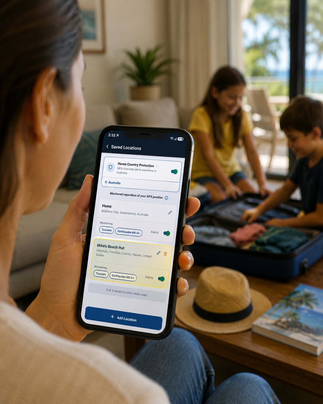 Tsunami Shield app showing saved travel locations