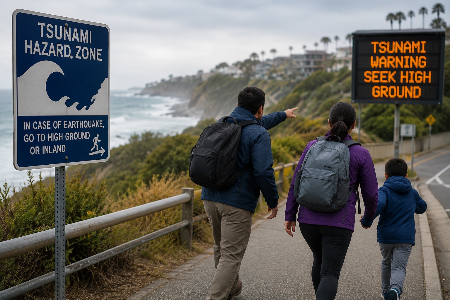 Tsunami evacuation route sign on a coastal road indicating the direction to higher ground