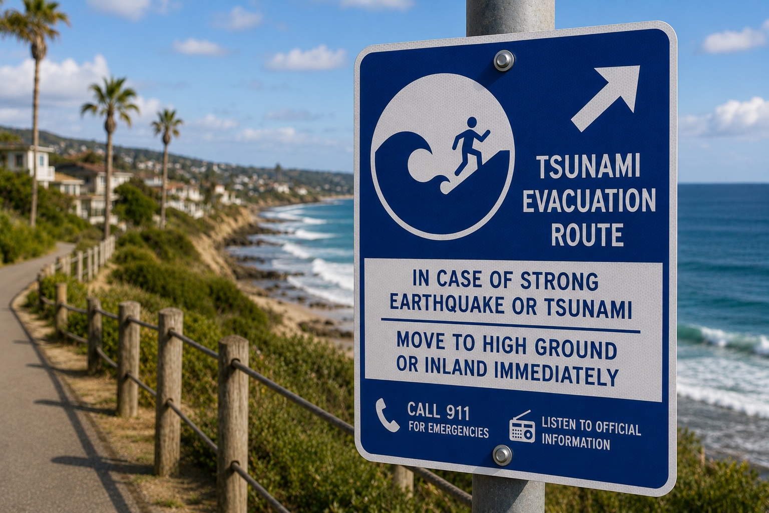 Tsunami hazard zone warning sign on a coastal road near the ocean