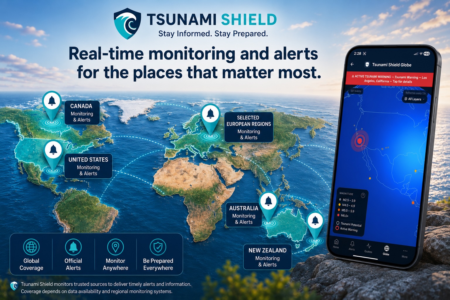 World map showing Tsunami Shield monitored regions and supported areas across the Pacific, Australia, New Zealand, and selected international locations