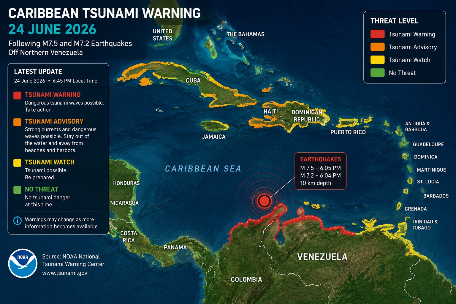 Caribbean tsunami advisory warning area map following the June 2026 Venezuela earthquakes