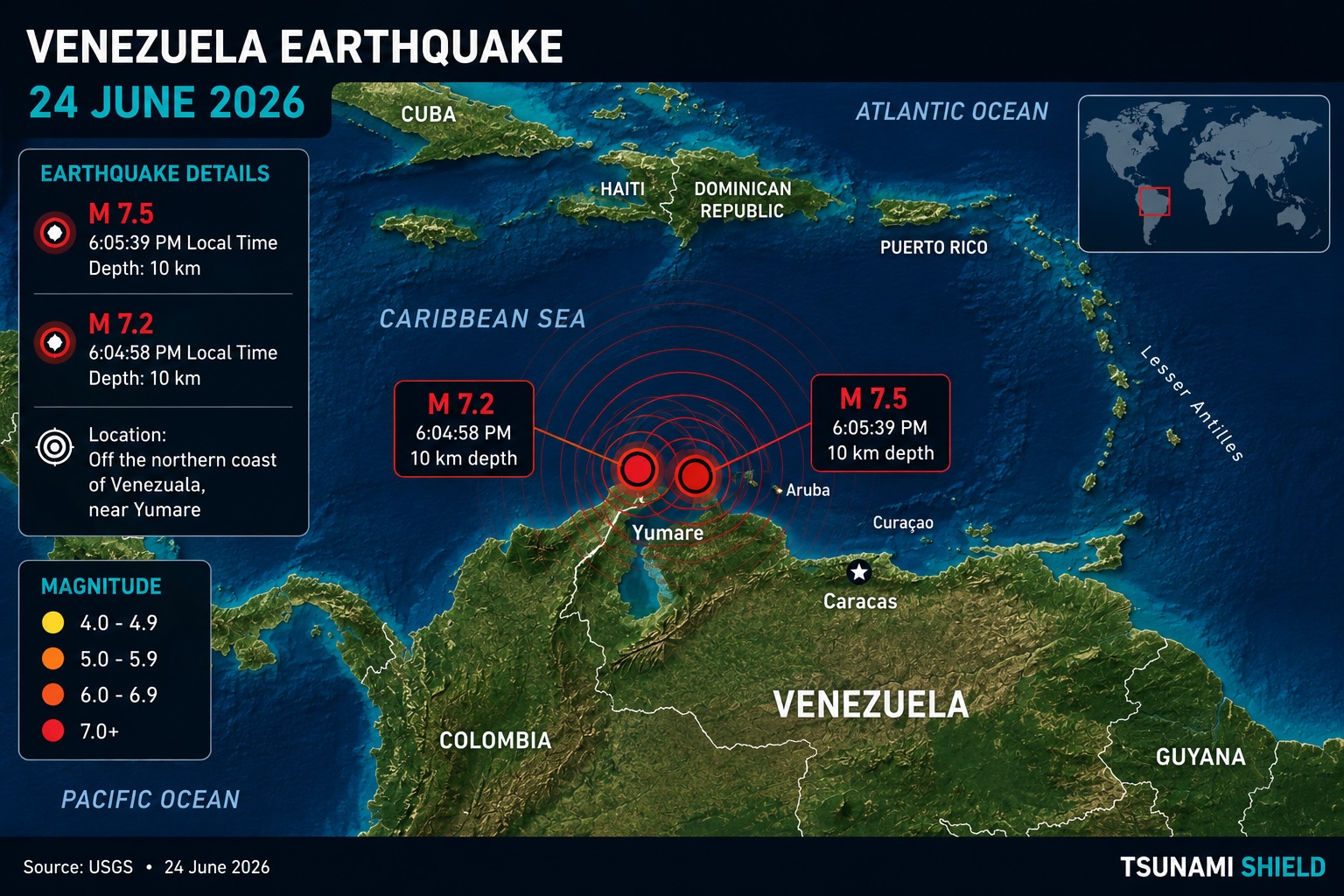 Map showing the Venezuela earthquake epicentres and the surrounding Caribbean region