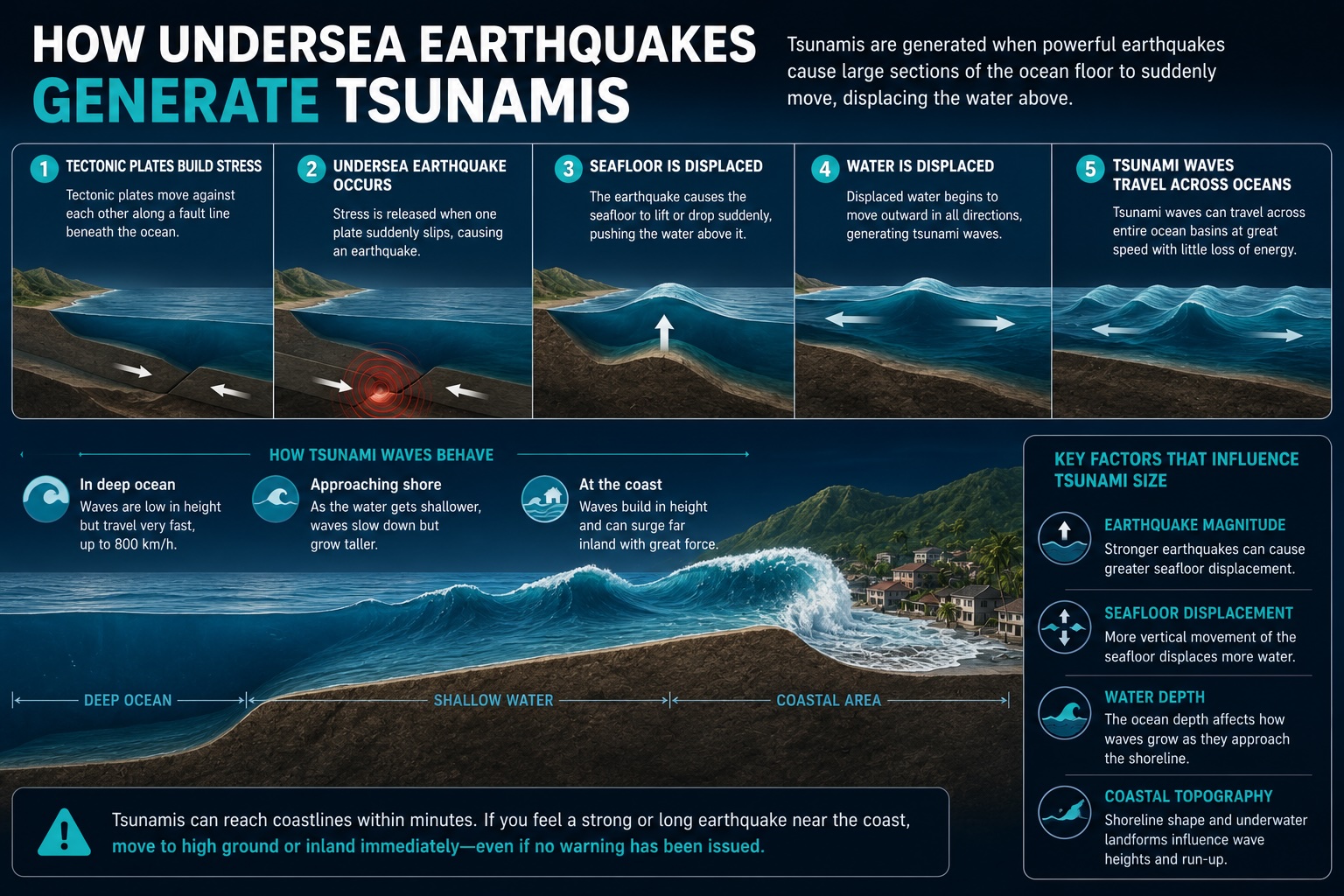 Illustration showing how undersea earthquakes displace the ocean floor to generate tsunami waves