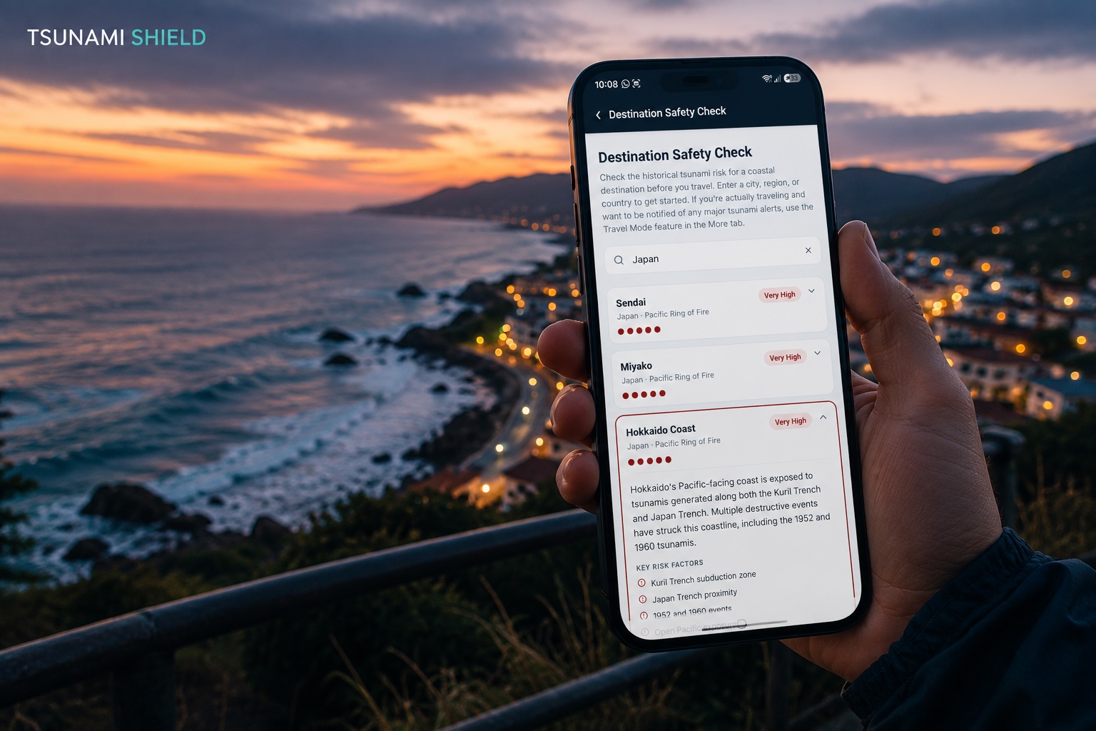 Tsunami Shield app screen showing Destination Safety Check feature