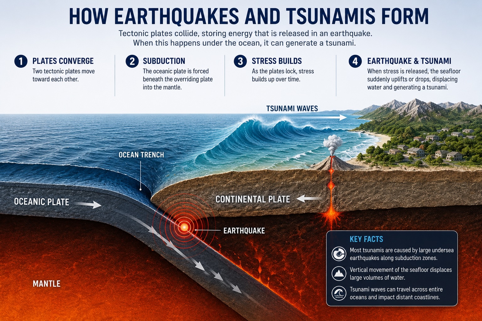 Diagram showing tectonic plate subduction and how undersea earthquakes generate tsunami waves