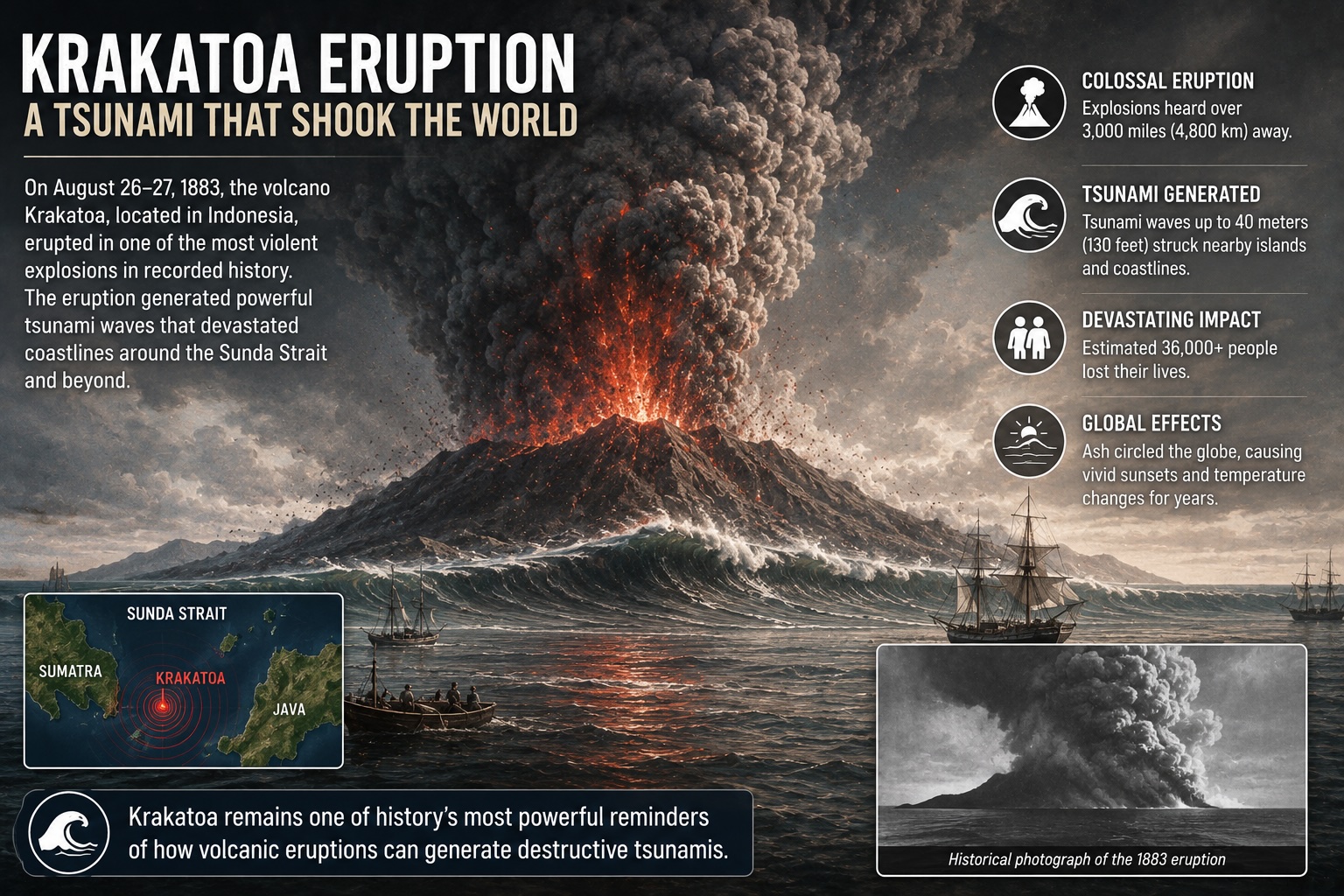 Historic illustration of the 1883 Krakatoa volcanic eruption that generated destructive tsunami waves