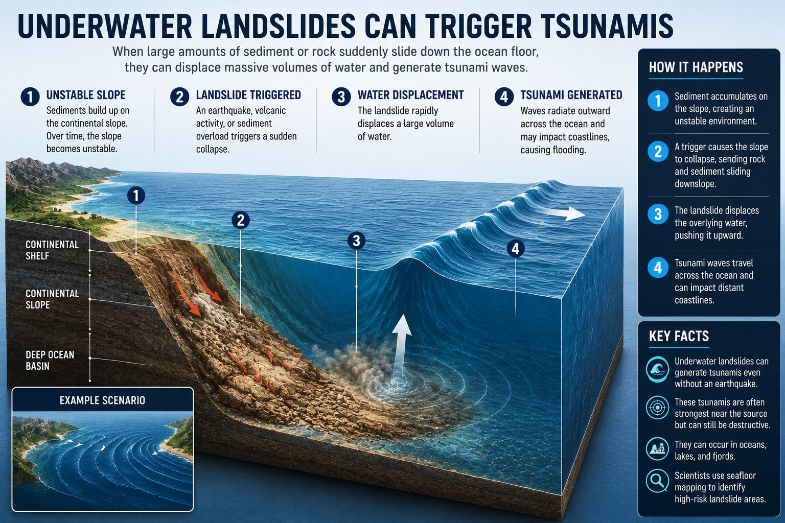 Diagram showing how an underwater landslide displaces water and generates tsunami waves