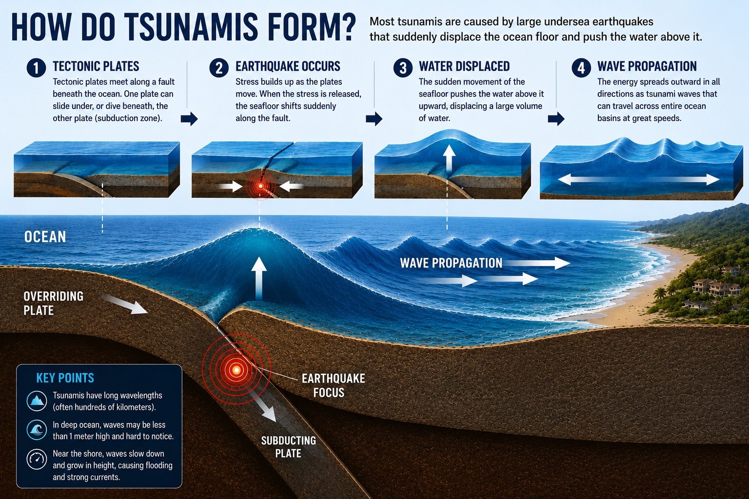 Diagram showing how undersea earthquakes generate tsunamis through seafloor displacement and wave propagation